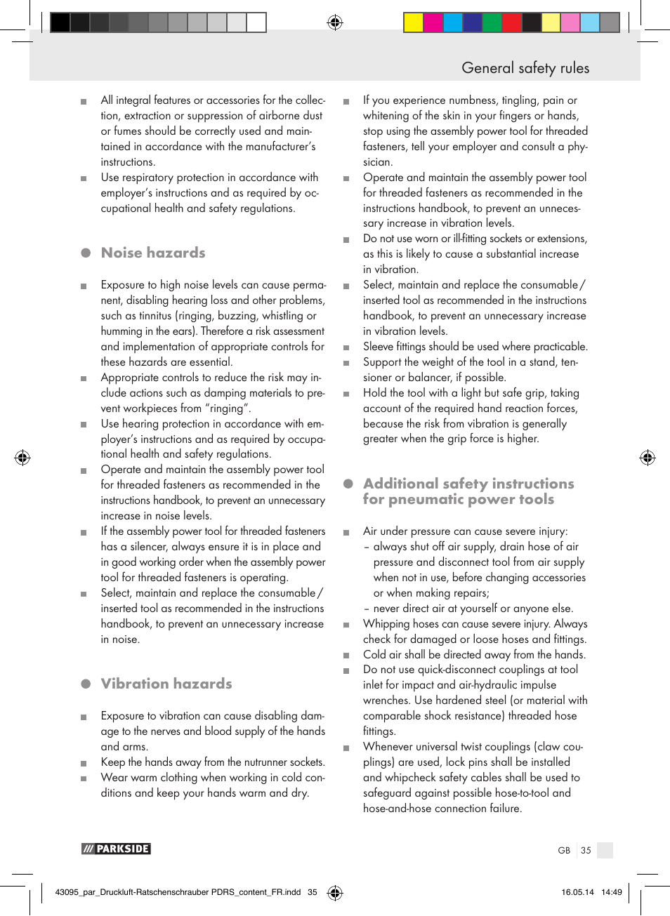 General safety rules, Noise hazards, Vibration hazards | Parkside AIR RATCHET SET PDRS User Manual | Page 35 / 39