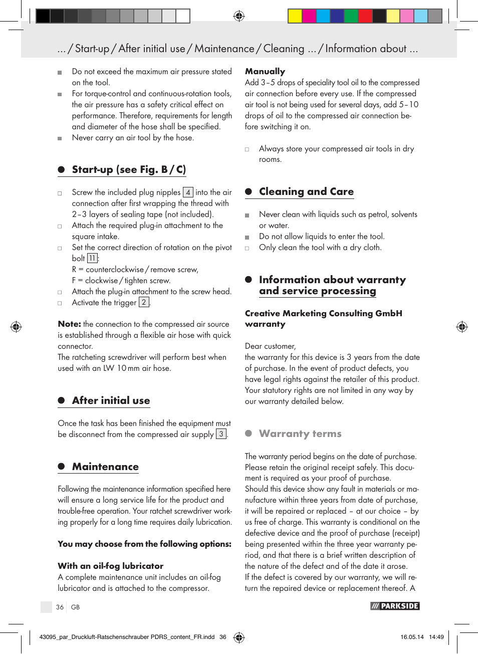 Start-up (see fig. b / c), After initial use, Maintenance | Cleaning and care, Information about warranty and service processing, Warranty terms | Parkside AIR RATCHET SET PDRS User Manual | Page 36 / 39