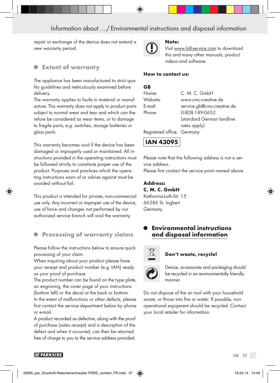 Extent of warranty, Processing of warranty claims | Parkside AIR RATCHET SET PDRS User Manual | Page 37 / 39