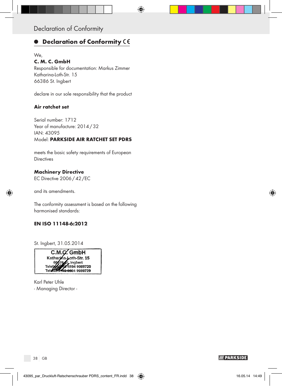 Declaration of conformity | Parkside AIR RATCHET SET PDRS User Manual | Page 38 / 39