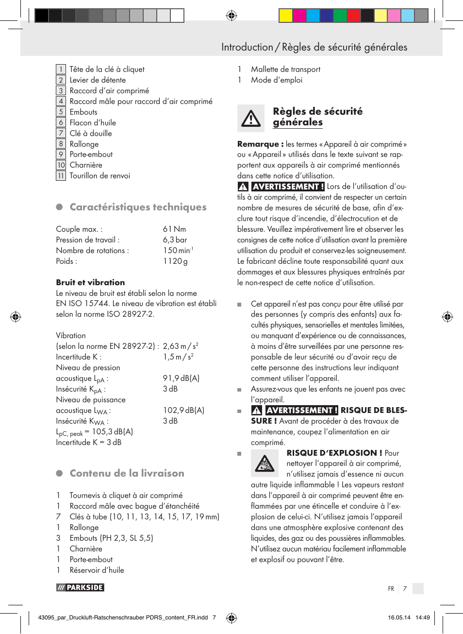 Caractéristiques techniques, Contenu de la livraison, Règles de sécurité générales | Parkside AIR RATCHET SET PDRS User Manual | Page 7 / 39