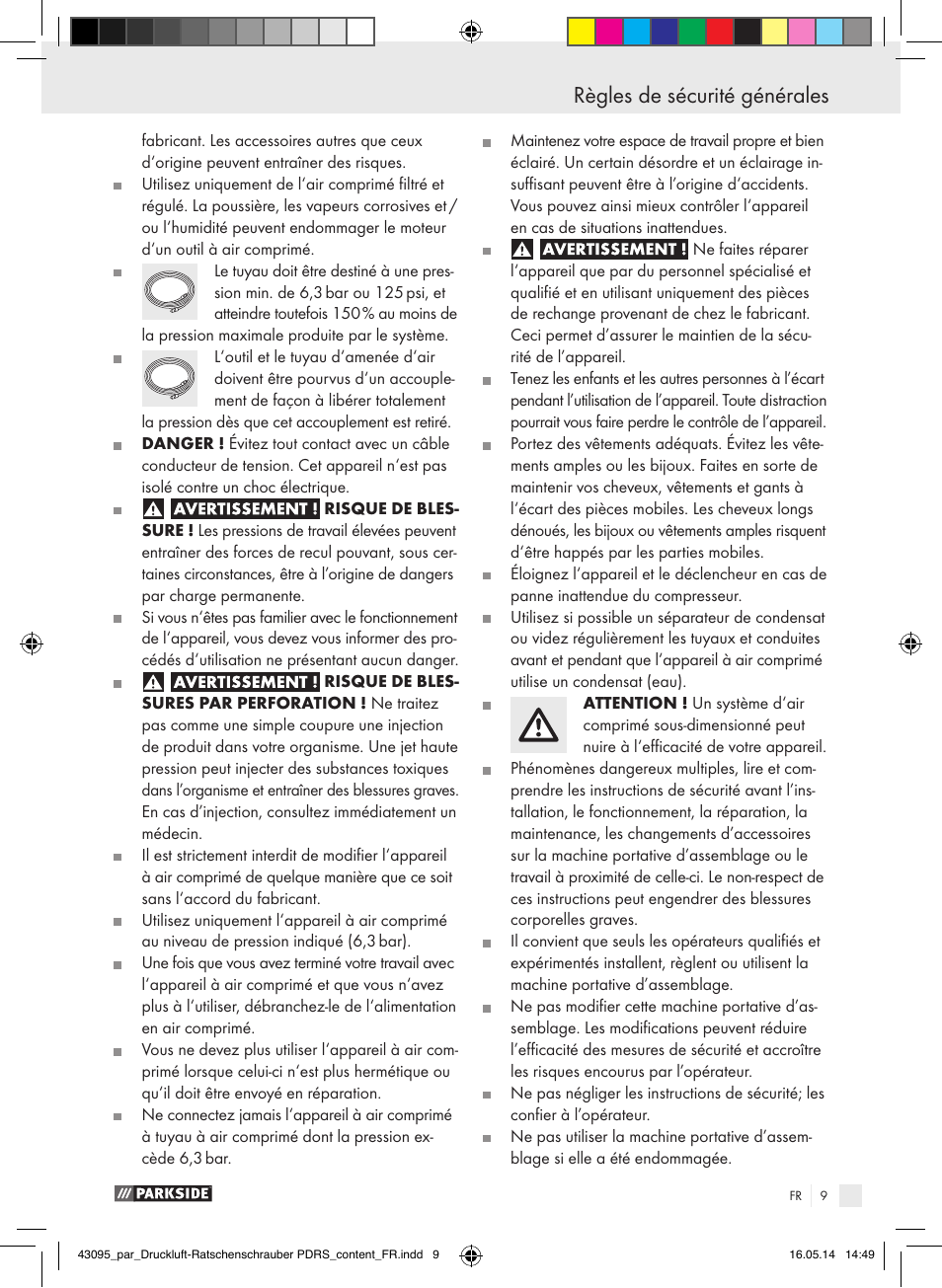 Règles de sécurité générales | Parkside AIR RATCHET SET PDRS User Manual | Page 9 / 39