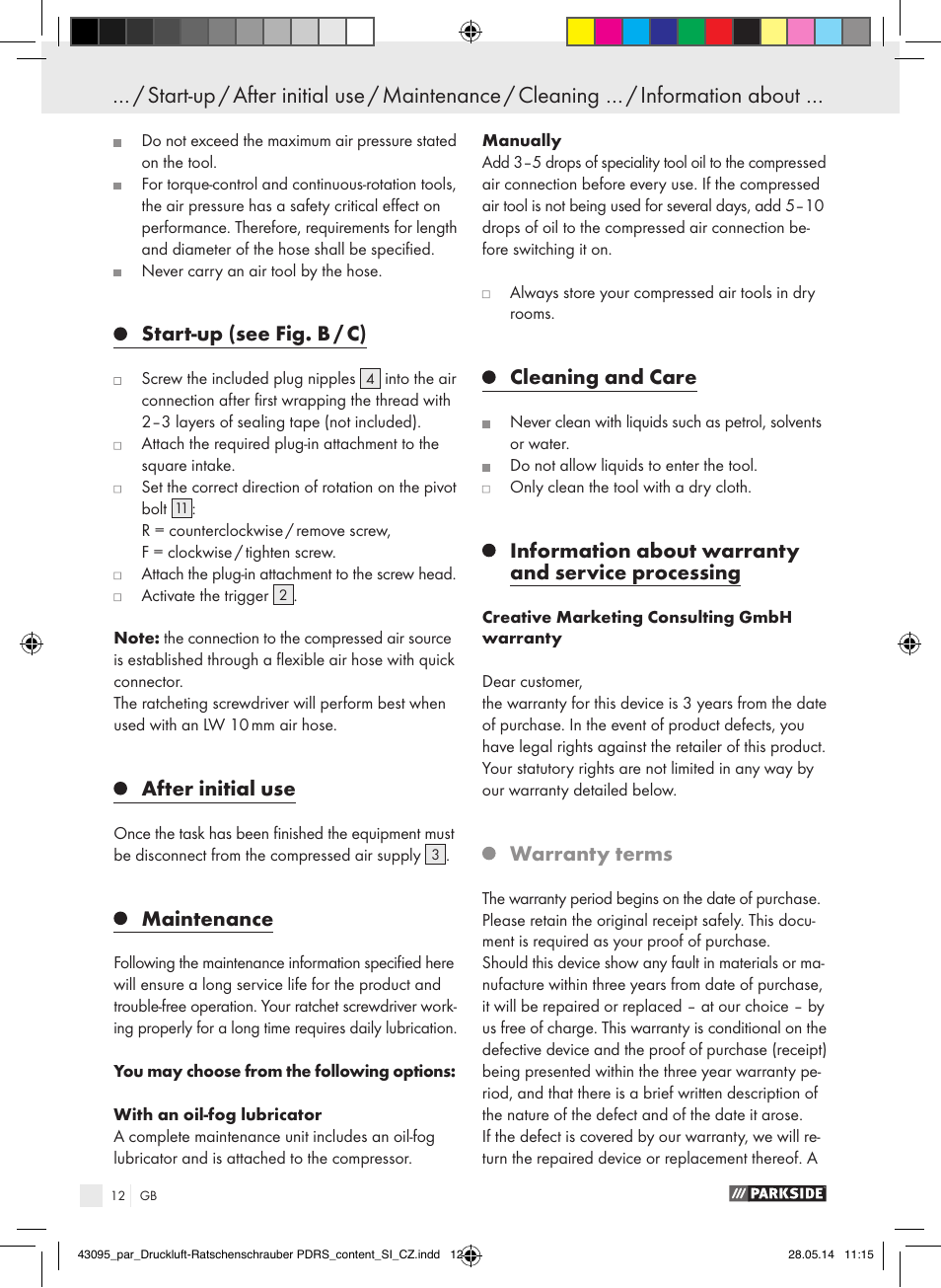 Start-up (see fig. b / c), After initial use, Maintenance | Cleaning and care, Information about warranty and service processing, Warranty terms | Parkside AIR RATCHET SET PDRS User Manual | Page 12 / 48