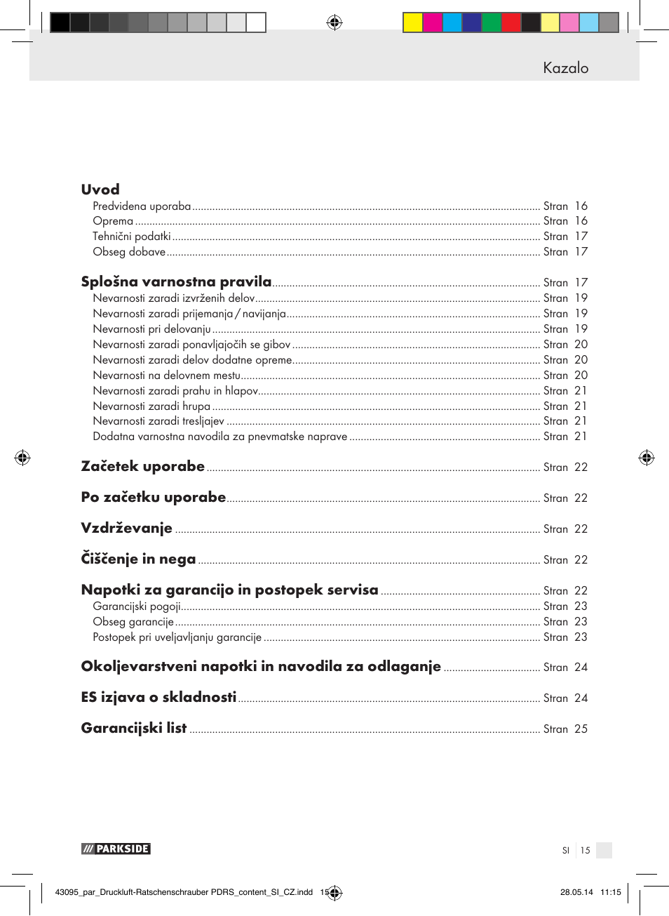 Declaration of conformity, Kazalo | Parkside AIR RATCHET SET PDRS User Manual | Page 15 / 48