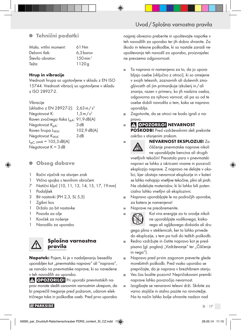 Uvod uvod / splošna varnostna pravila, Tehnični podatki, Obseg dobave | Splošna varnostna pravila | Parkside AIR RATCHET SET PDRS User Manual | Page 17 / 48