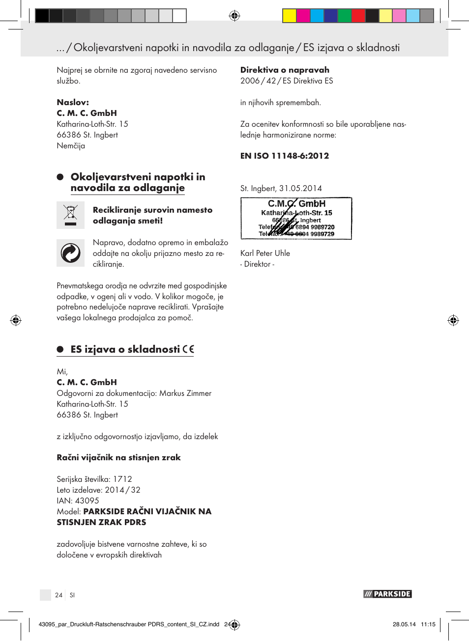 Okoljevarstveni napotki in navodila za odlaganje, Es izjava o skladnosti | Parkside AIR RATCHET SET PDRS User Manual | Page 24 / 48