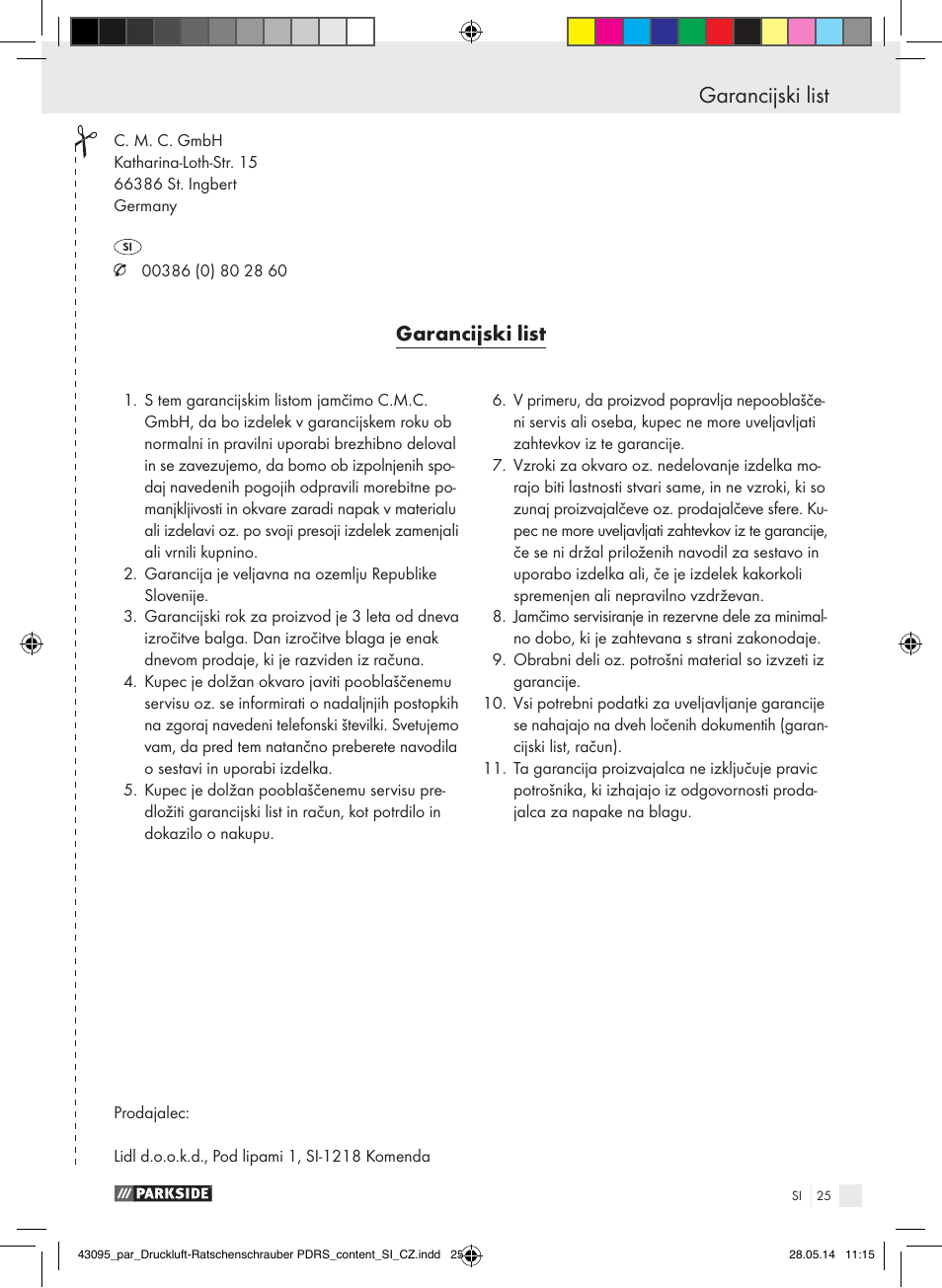 Garancijski list | Parkside AIR RATCHET SET PDRS User Manual | Page 25 / 48