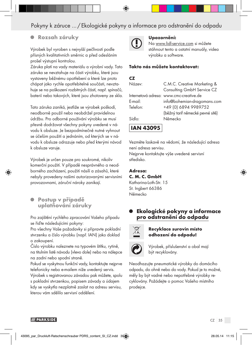 Rozsah záruky, Postup v případě uplatňování záruky | Parkside AIR RATCHET SET PDRS User Manual | Page 35 / 48