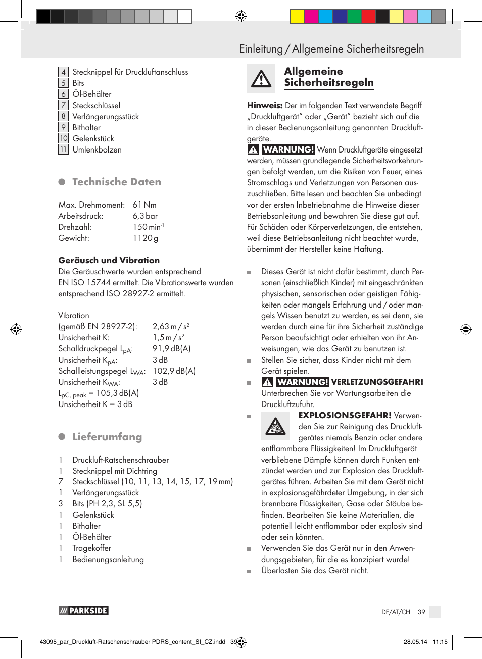 Einleitung, Einleitung / allgemeine sicherheitsregeln, Technische daten | Lieferumfang, Allgemeine sicherheitsregeln | Parkside AIR RATCHET SET PDRS User Manual | Page 39 / 48