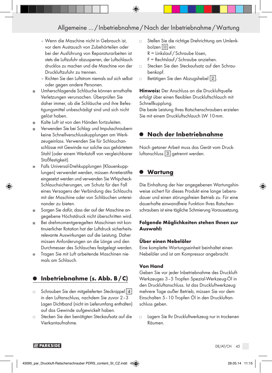 Inbetriebnahme (s. abb. b / c), Nach der inbetriebnahme, Wartung | Parkside AIR RATCHET SET PDRS User Manual | Page 45 / 48