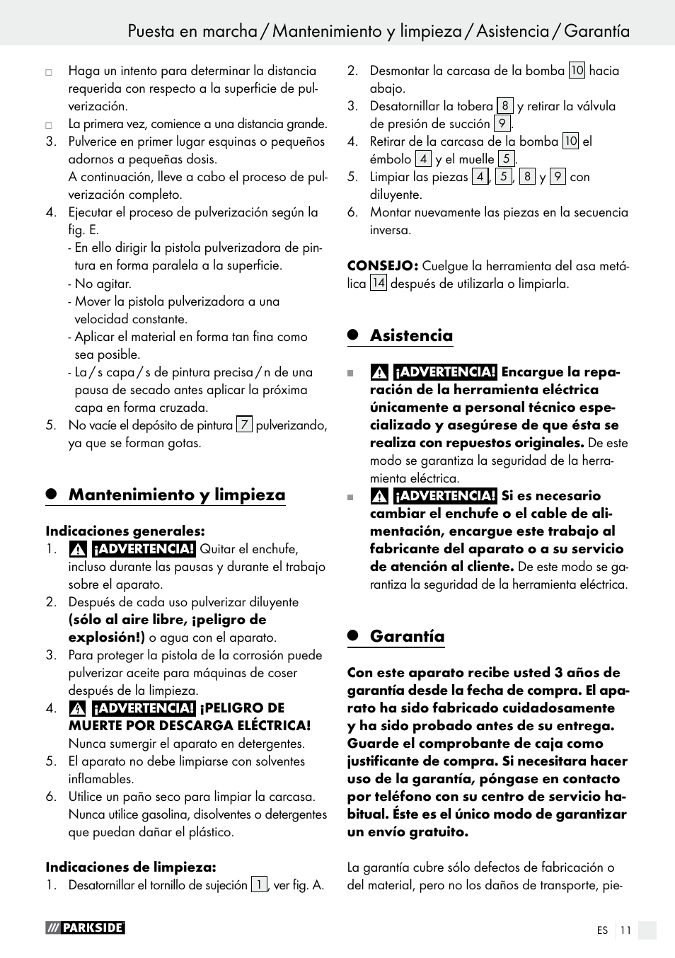 Mantenimiento y limpieza, Asistencia, Garantía | Parkside PFS 100 C3 User Manual | Page 11 / 52