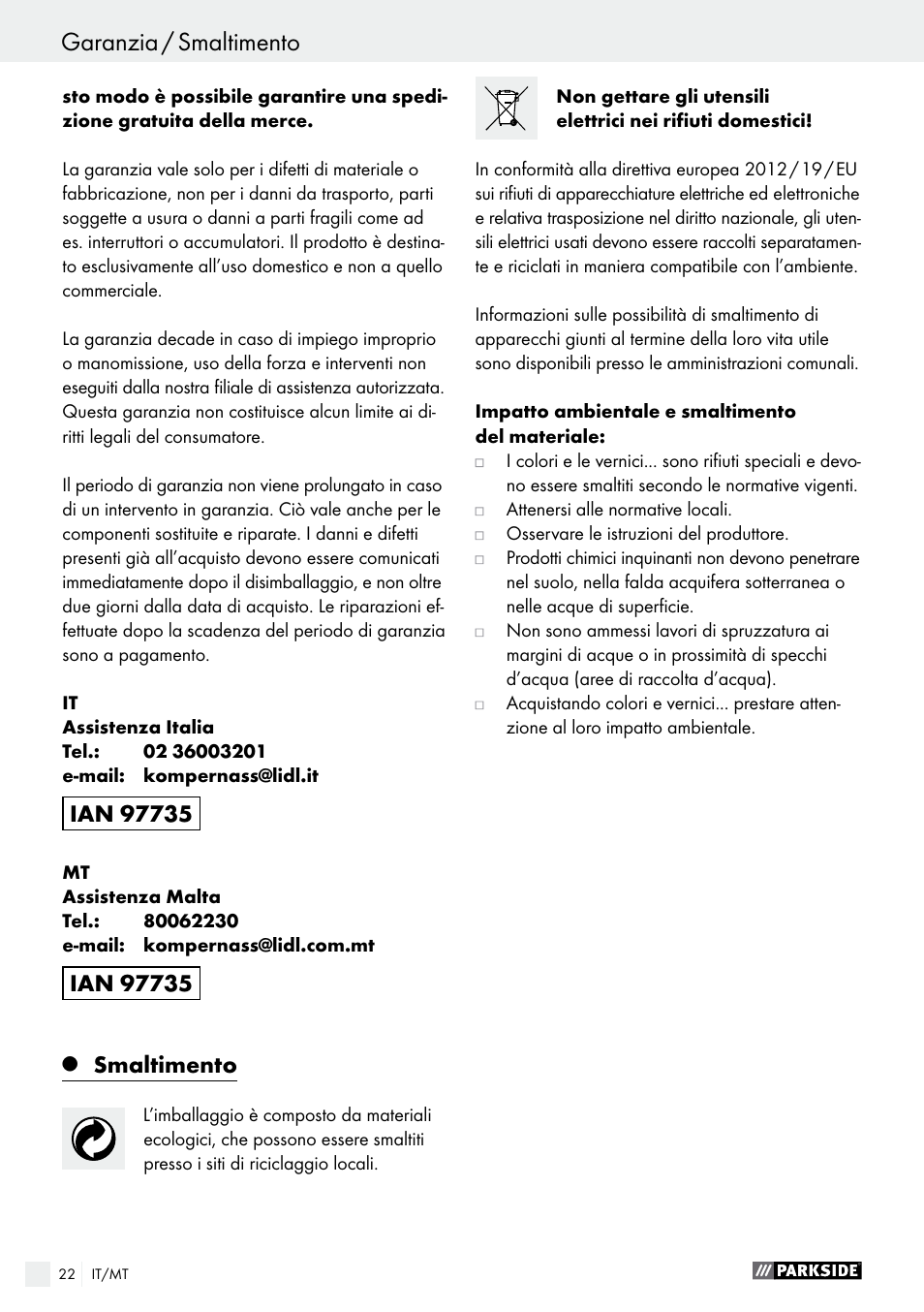 Garanzia / smaltimento, Smaltimento | Parkside PFS 100 C3 User Manual | Page 22 / 52