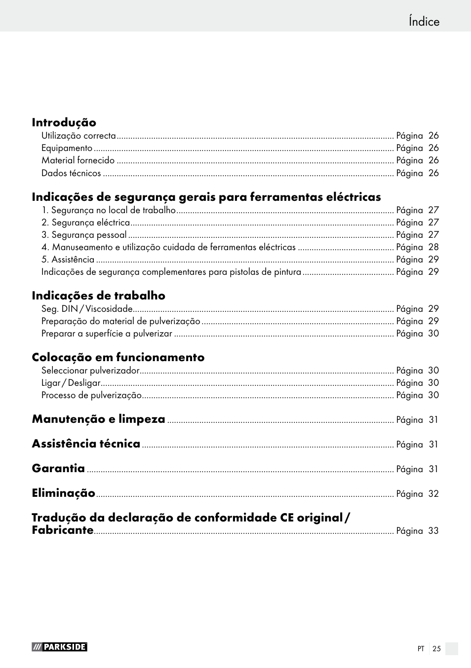 Índice | Parkside PFS 100 C3 User Manual | Page 25 / 52