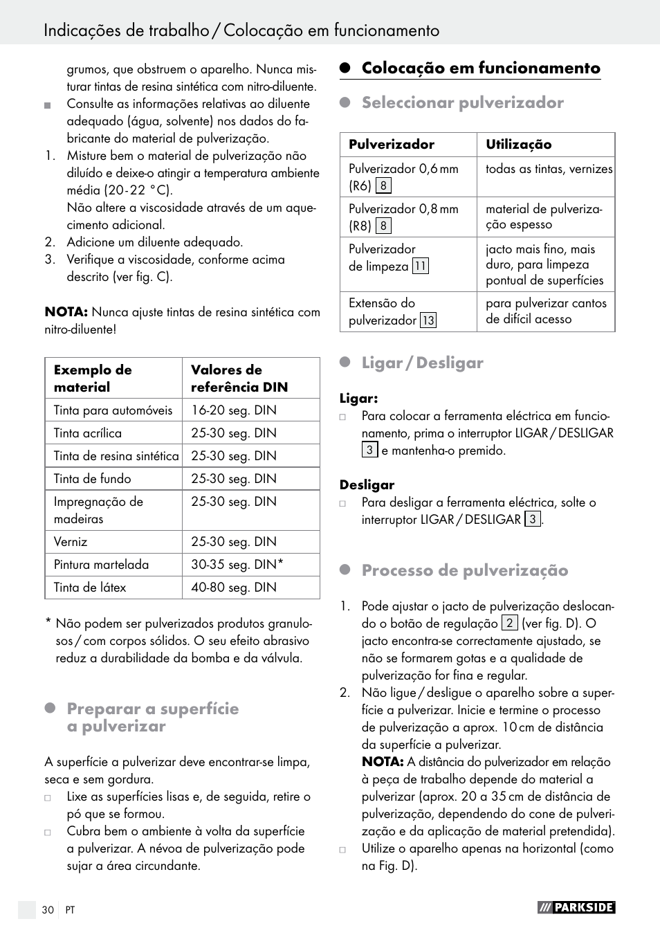 Preparar a superfície a pulverizar, Colocação em funcionamento, Seleccionar pulverizador | Ligar / desligar, Processo de pulverização | Parkside PFS 100 C3 User Manual | Page 30 / 52