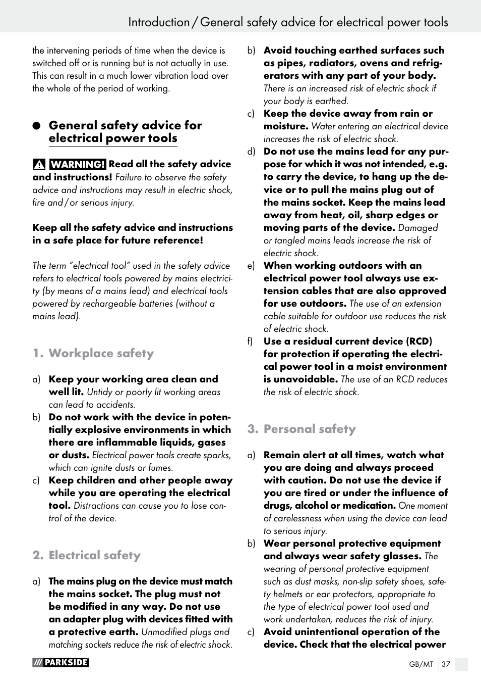 General safety advice for electrical power tools, Workplace safety, Electrical safety | Personal safety | Parkside PFS 100 C3 User Manual | Page 37 / 52