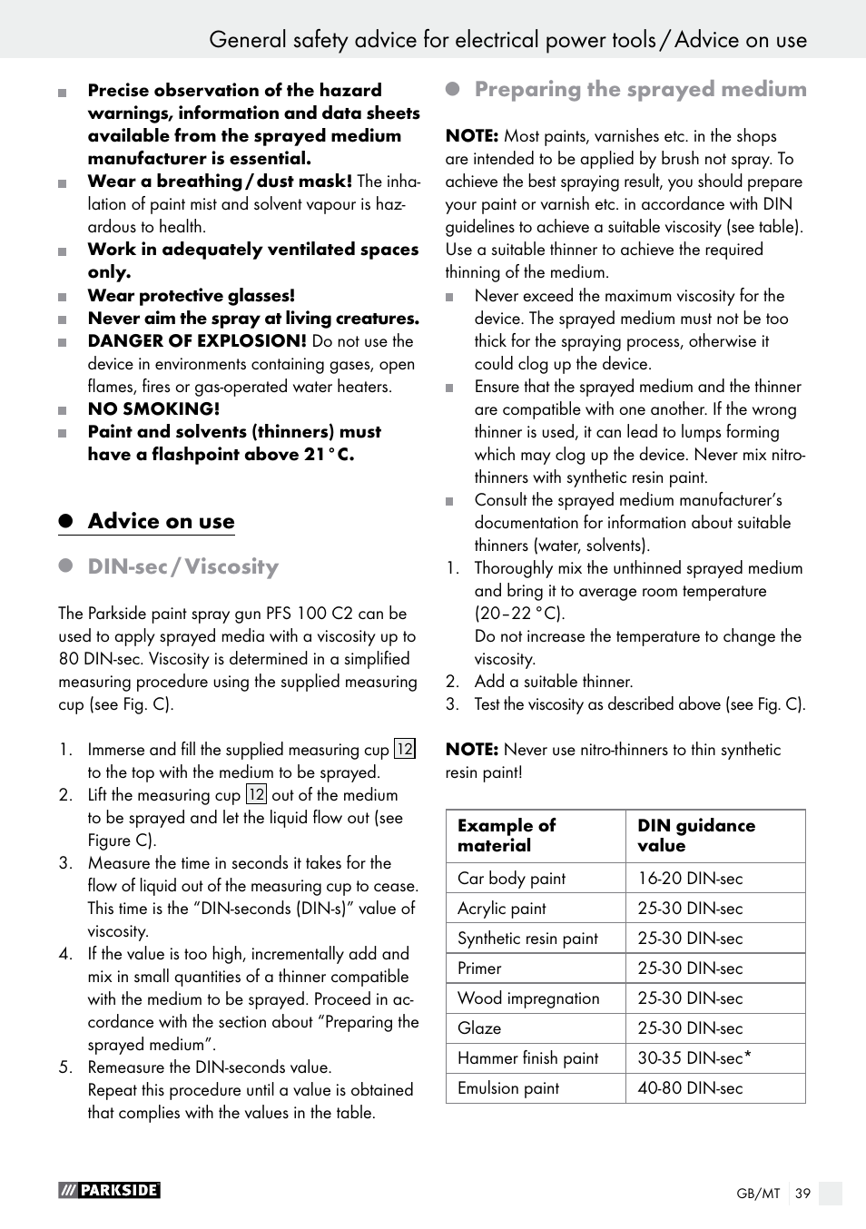 Advice on use, Din-sec / viscosity, Preparing the sprayed medium | Parkside PFS 100 C3 User Manual | Page 39 / 52
