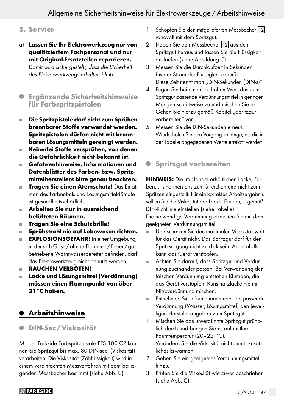 Service, Arbeitshinweise din-sec / viskosität, Spritzgut vorbereiten | Parkside PFS 100 C3 User Manual | Page 47 / 52