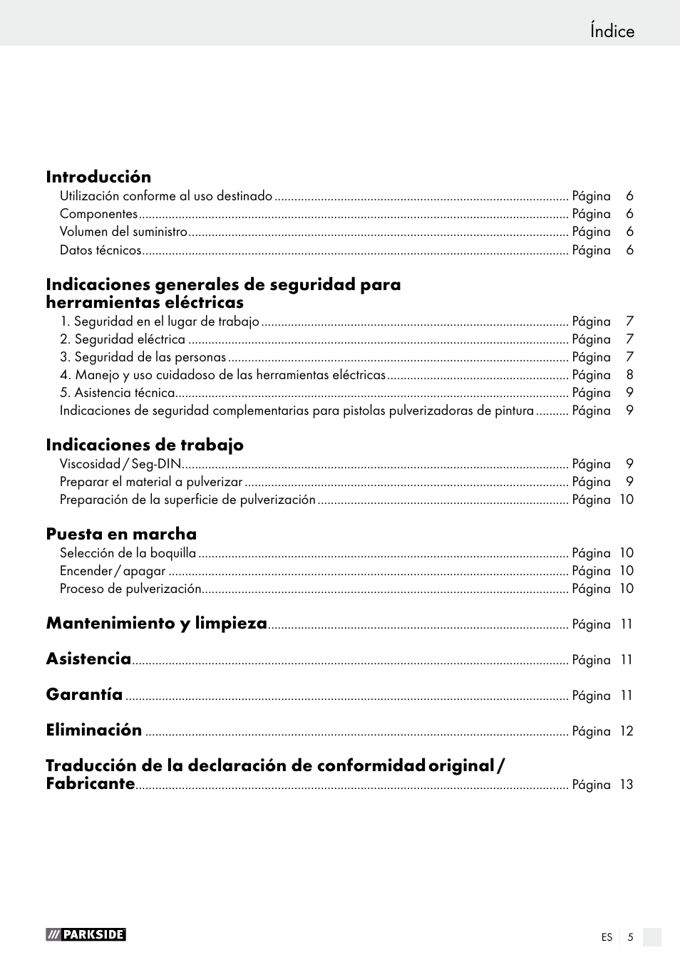 Índice | Parkside PFS 100 C3 User Manual | Page 5 / 52