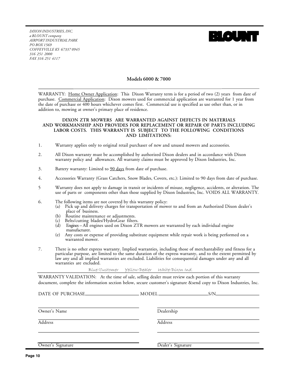 Dixon limited warranty policy - commercial models | Dixon 2000 User Manual | Page 10 / 40