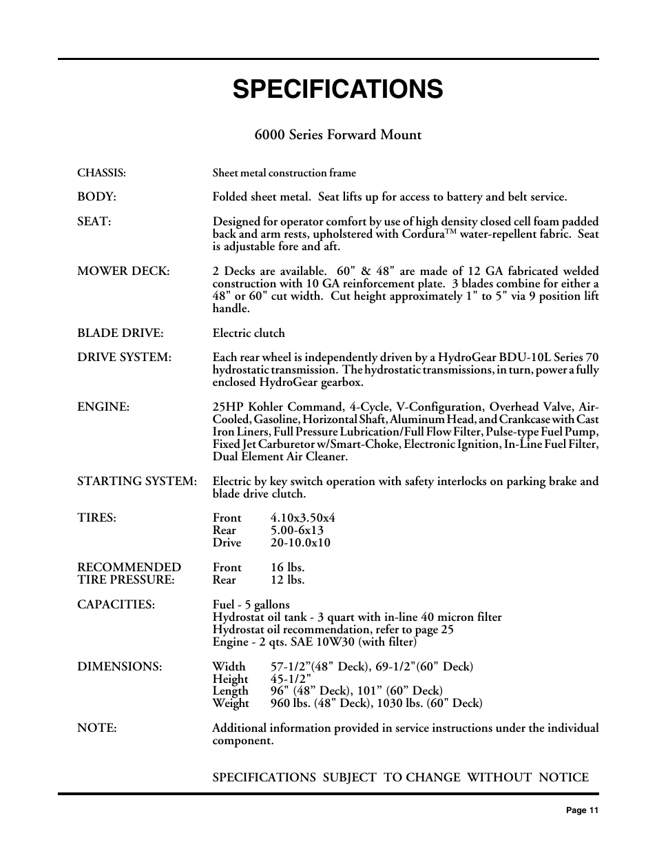 Specifications | Dixon 2000 User Manual | Page 11 / 40
