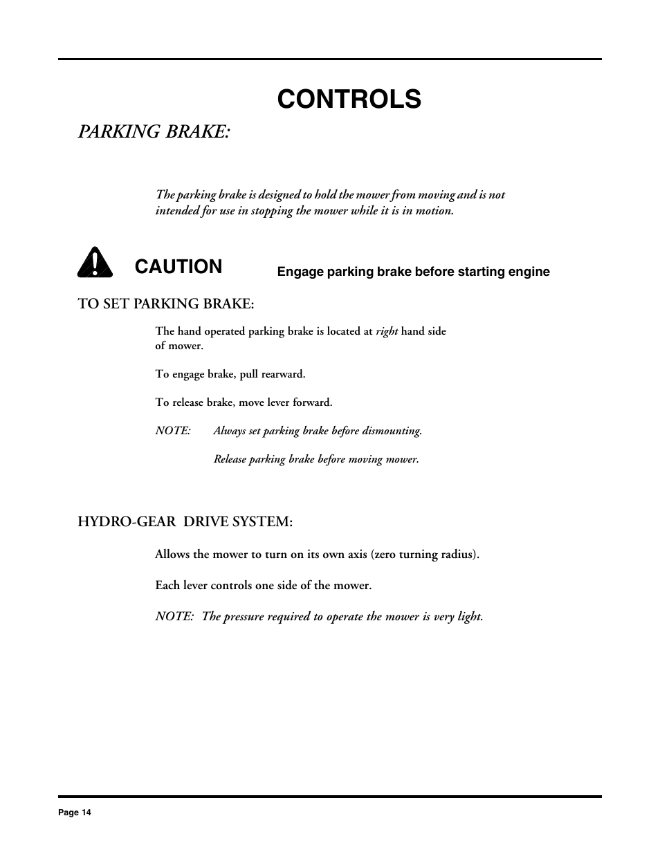 Controls, Parking brake, Caution | Dixon 2000 User Manual | Page 14 / 40
