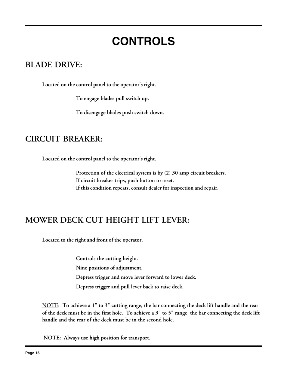 Controls, Blade drive, Circuit breaker | Mower deck cut height lift lever | Dixon 2000 User Manual | Page 16 / 40