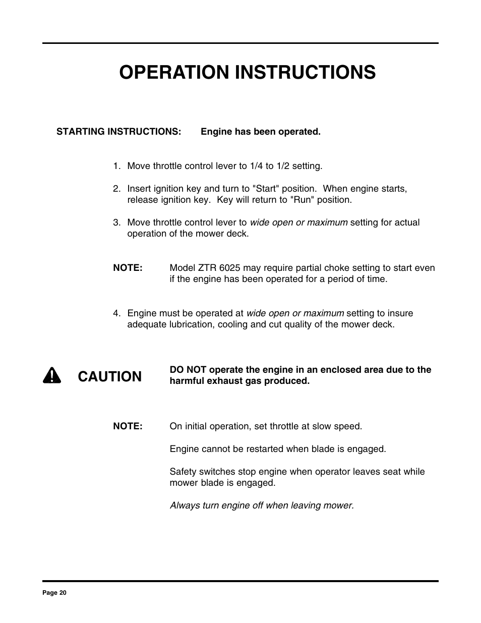 Operation instructions, Caution | Dixon 2000 User Manual | Page 20 / 40