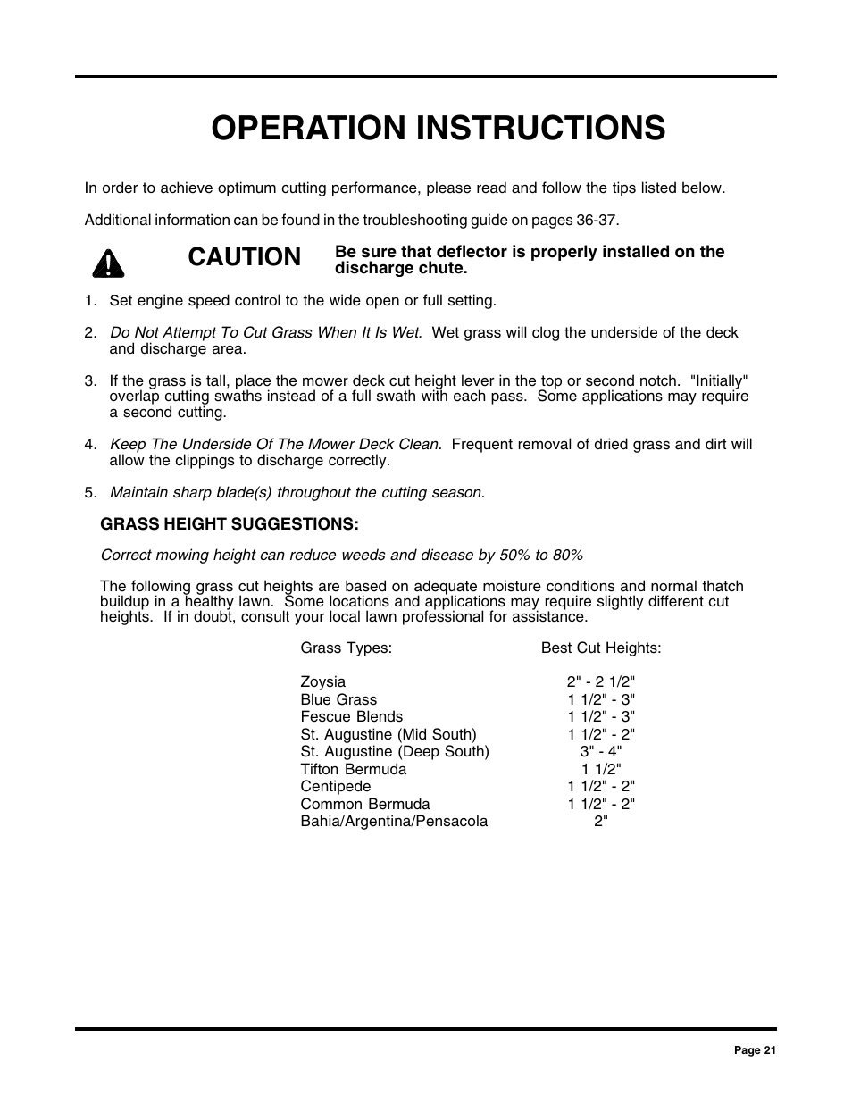 Operation instructions, Caution | Dixon 2000 User Manual | Page 21 / 40