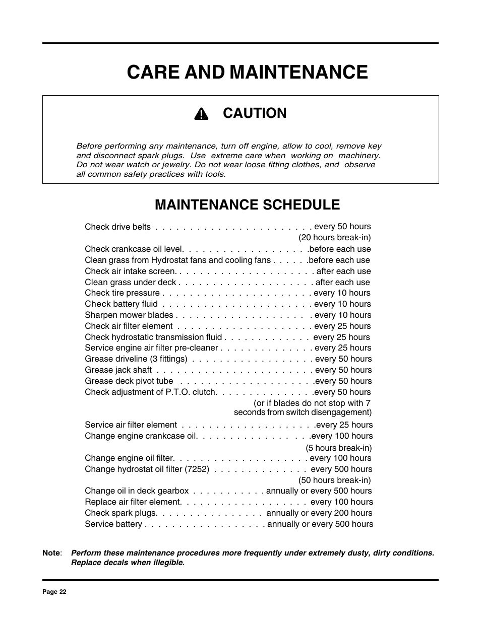 Care and maintenance, Maintenance schedule, Caution | Dixon 2000 User Manual | Page 22 / 40