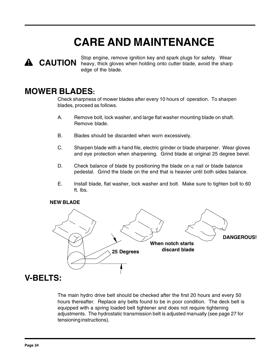 Care and maintenance, Mower blades, Caution | V-belts | Dixon 2000 User Manual | Page 24 / 40