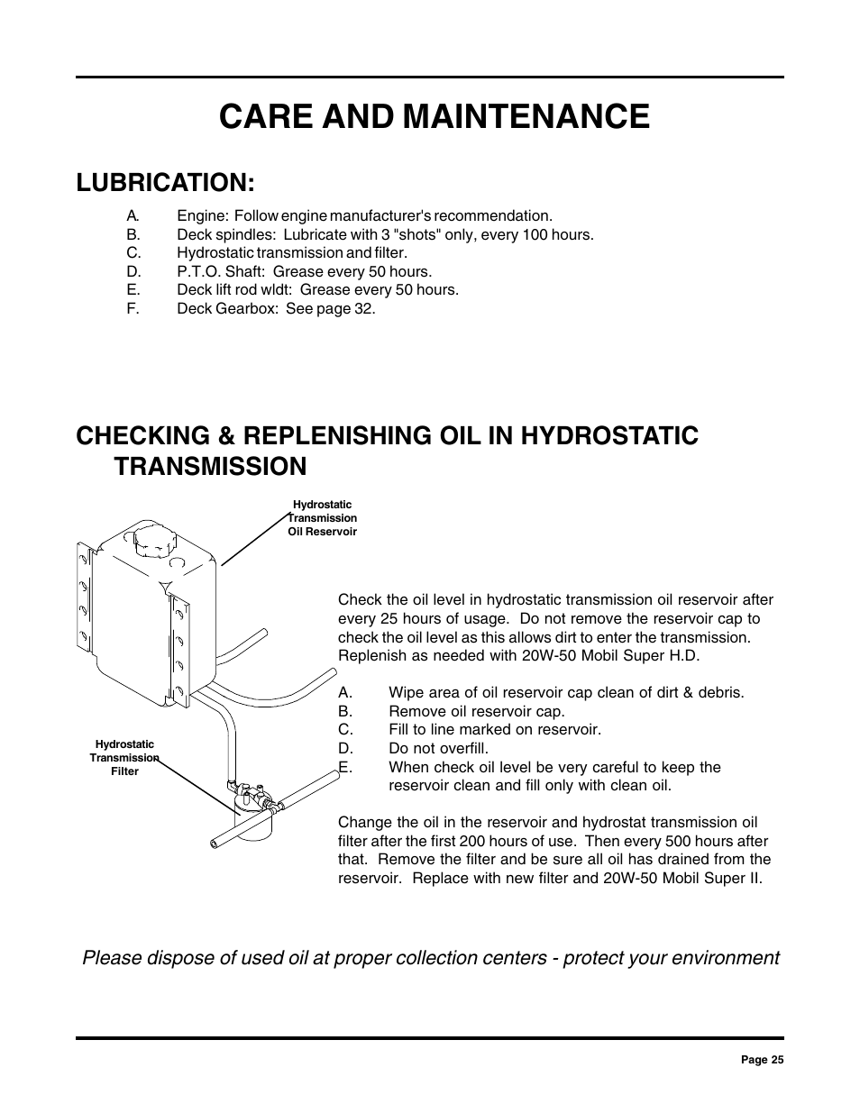 Care and maintenance, Lubrication | Dixon 2000 User Manual | Page 25 / 40