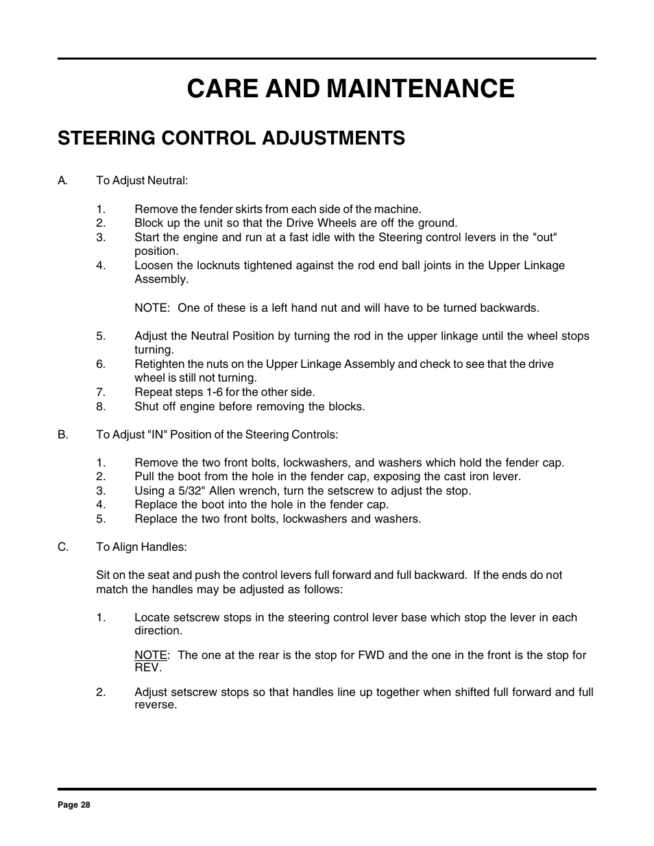 Care and maintenance, Steering control adjustments | Dixon 2000 User Manual | Page 28 / 40