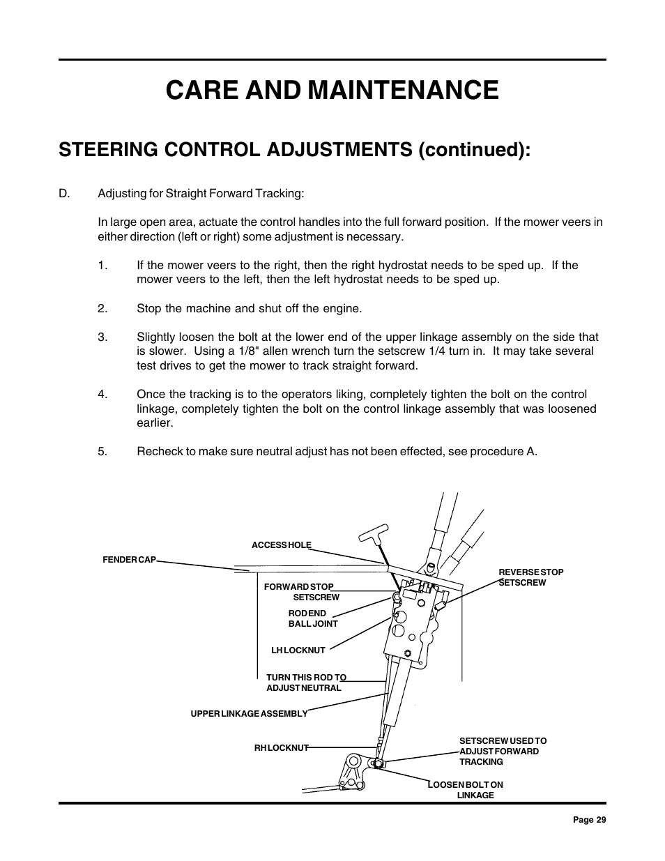 Care and maintenance, Steering control adjustments (continued) | Dixon 2000 User Manual | Page 29 / 40