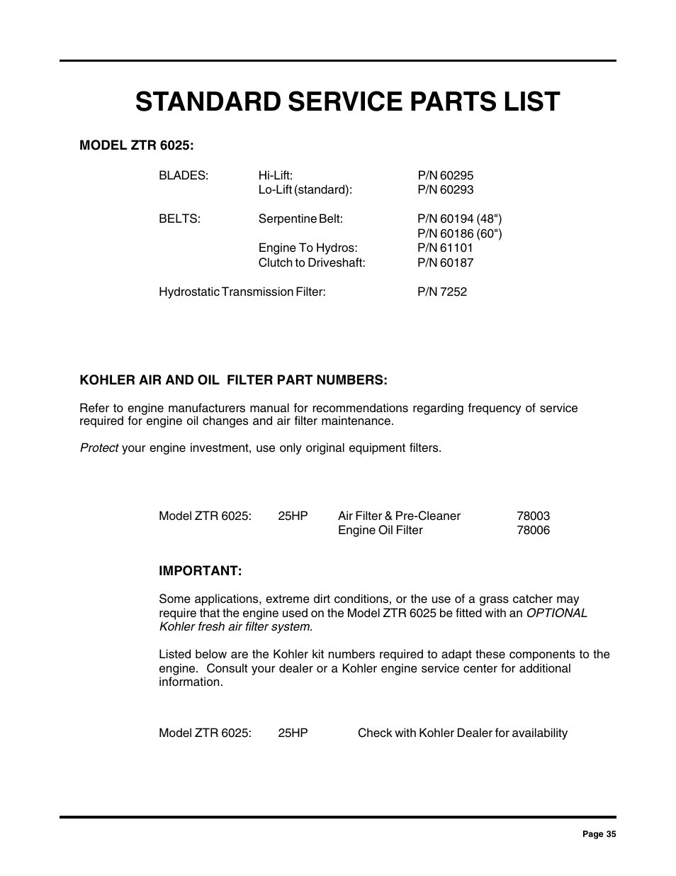 Standard service parts list | Dixon 2000 User Manual | Page 35 / 40