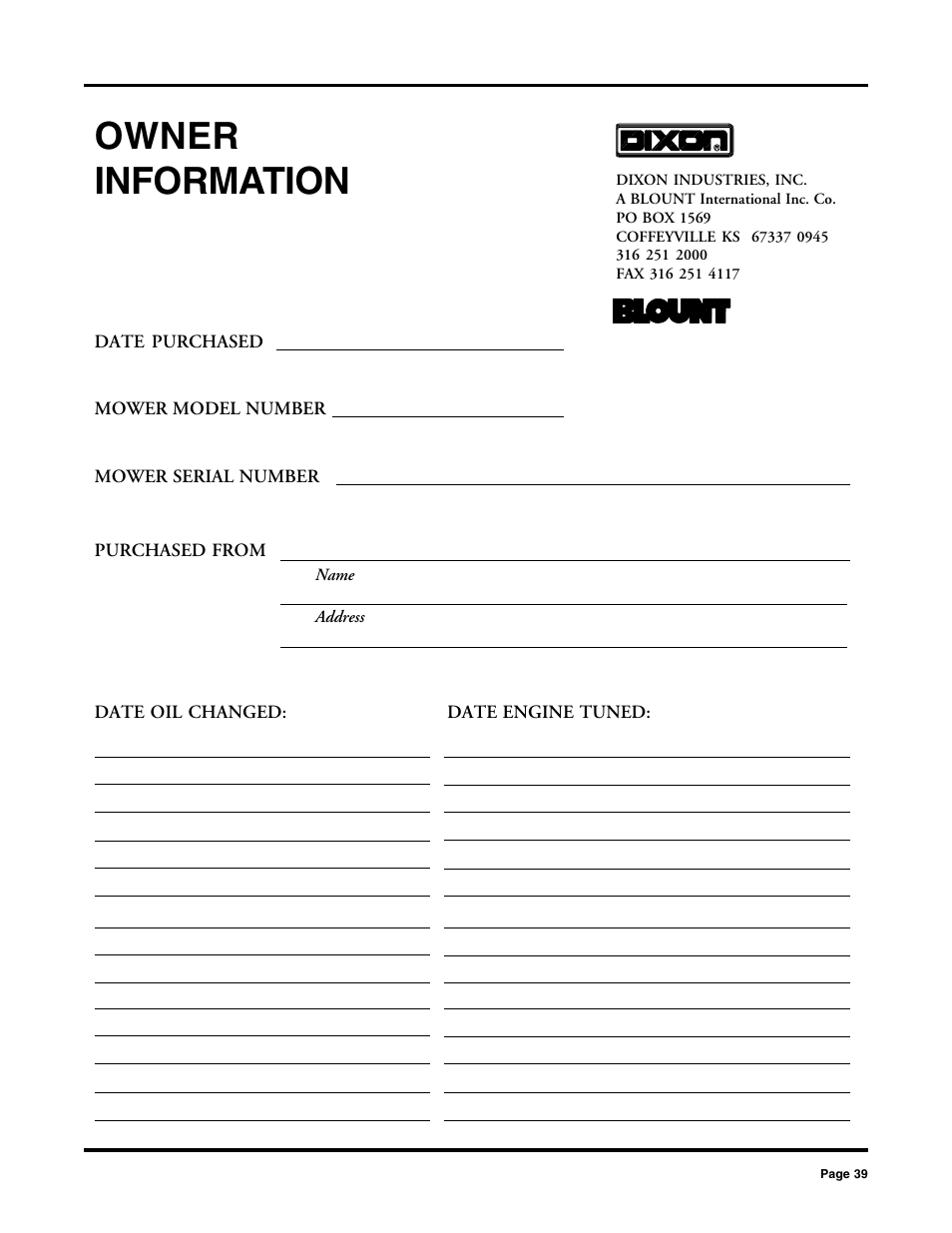 Owner information | Dixon 2000 User Manual | Page 39 / 40