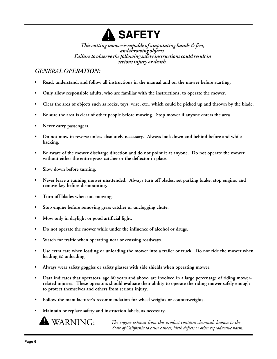 Safety, Warning | Dixon 2000 User Manual | Page 6 / 40