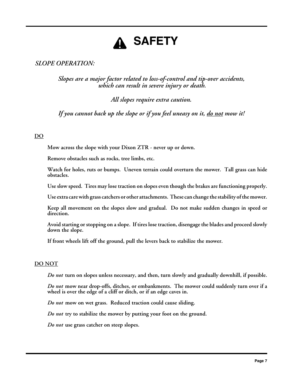 Safety | Dixon 2000 User Manual | Page 7 / 40