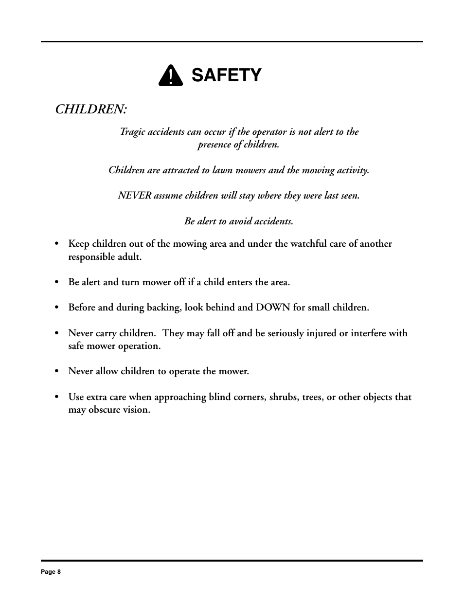 Safety, Children | Dixon 2000 User Manual | Page 8 / 40