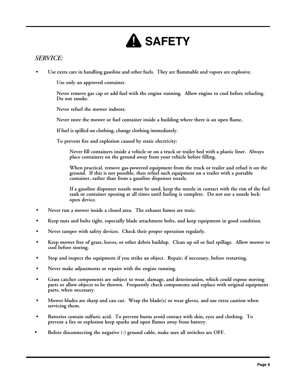 Safety, Service | Dixon 2000 User Manual | Page 9 / 40