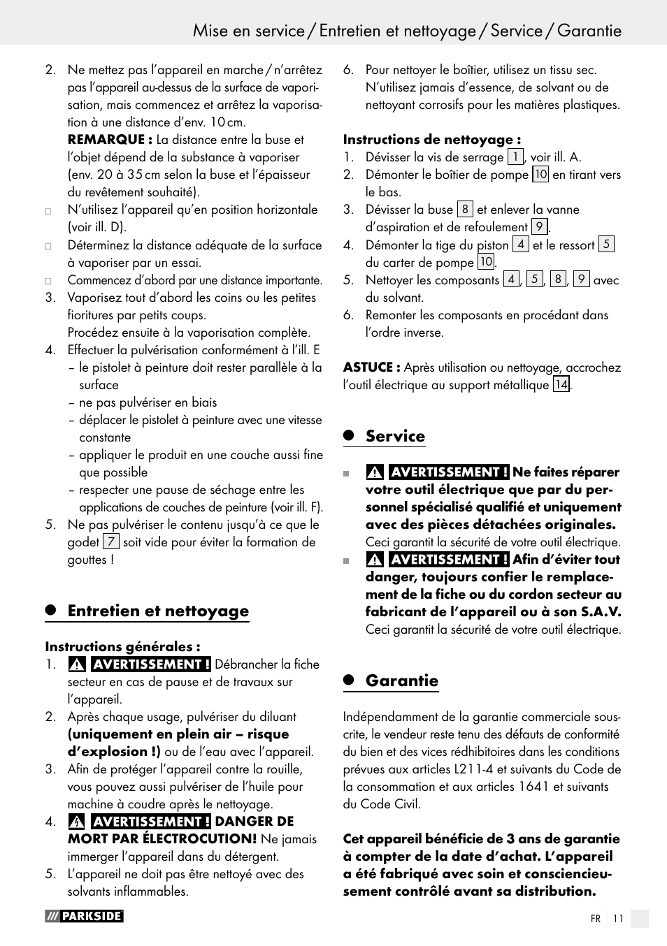 Entretien et nettoyage, Service, Garantie | Parkside PFS 100 C3 User Manual | Page 11 / 33