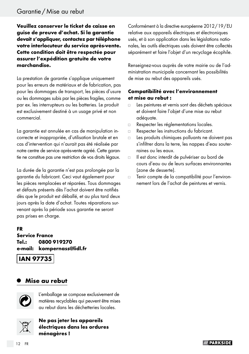 Mise au rebut | Parkside PFS 100 C3 User Manual | Page 12 / 33