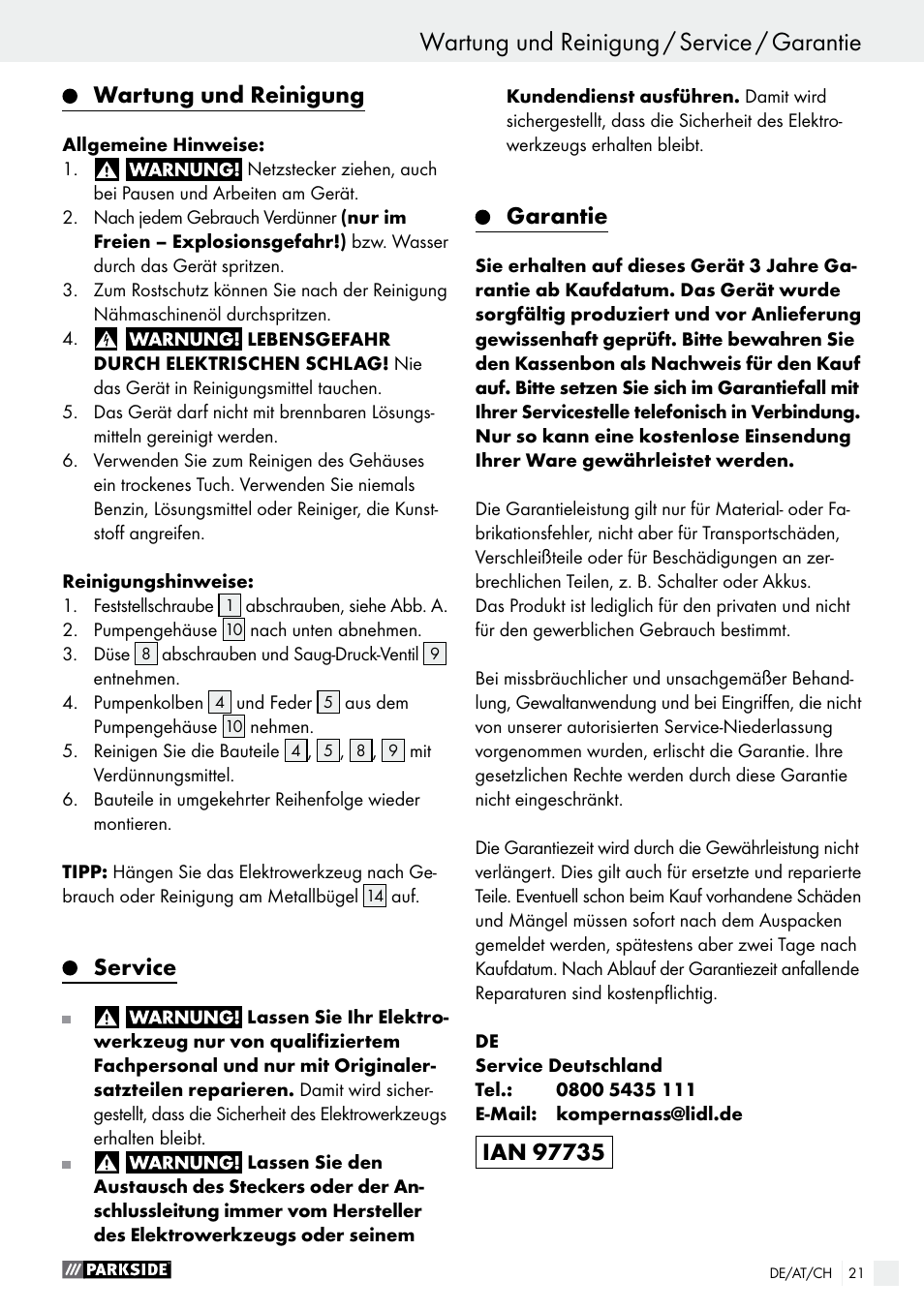 Wartung und reinigung, Service, Garantie | Parkside PFS 100 C3 User Manual | Page 21 / 33