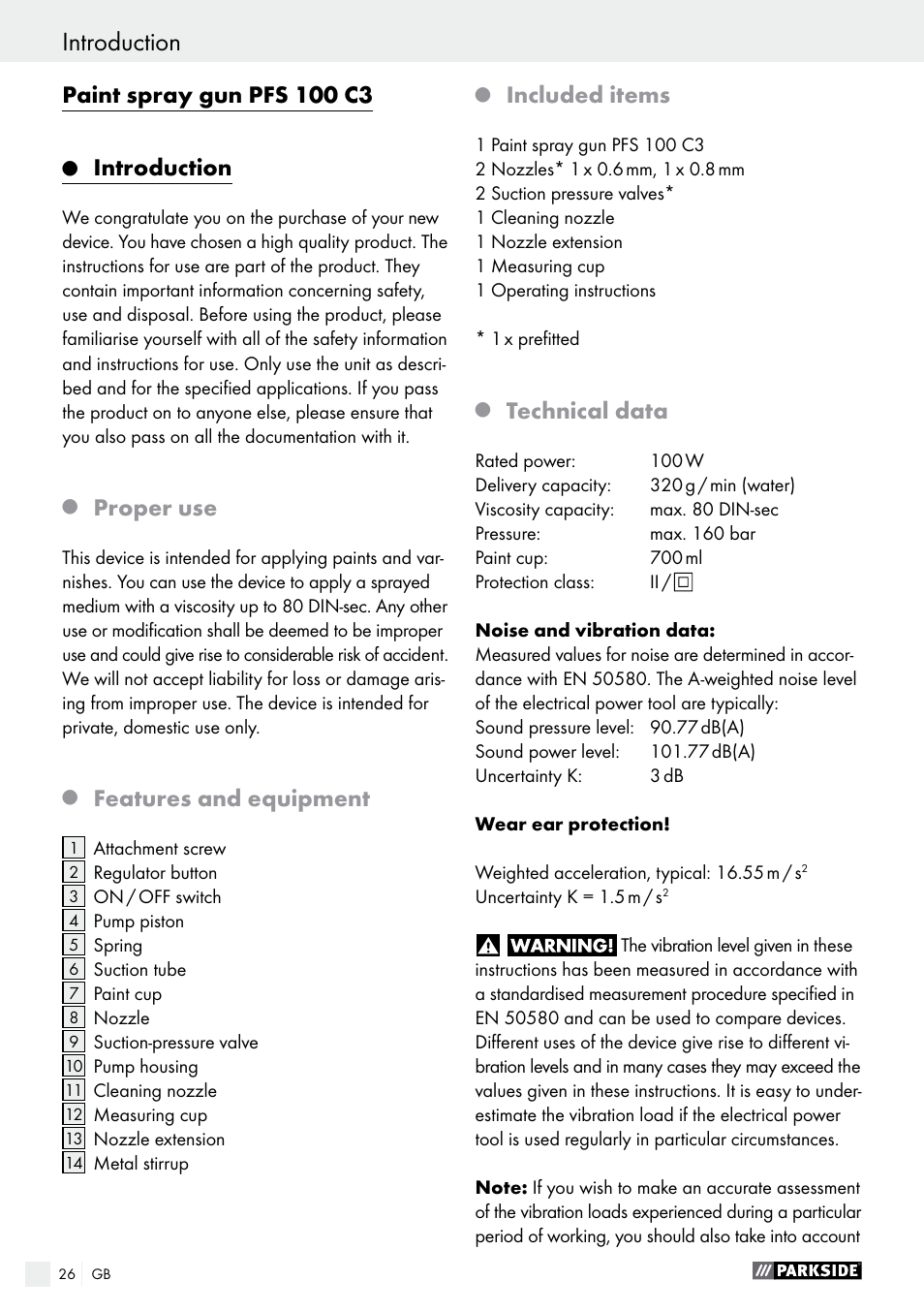 Paint spray gun pfs 100 c3, Introduction, Proper use | Features and equipment, Included items, Technical data | Parkside PFS 100 C3 User Manual | Page 26 / 33