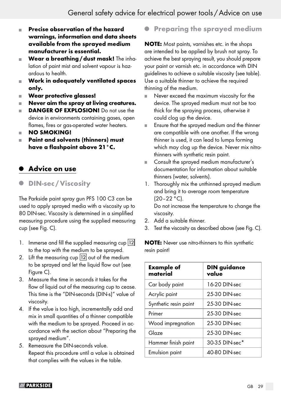 Advice on use, Din-sec / viscosity, Preparing the sprayed medium | Parkside PFS 100 C3 User Manual | Page 29 / 33