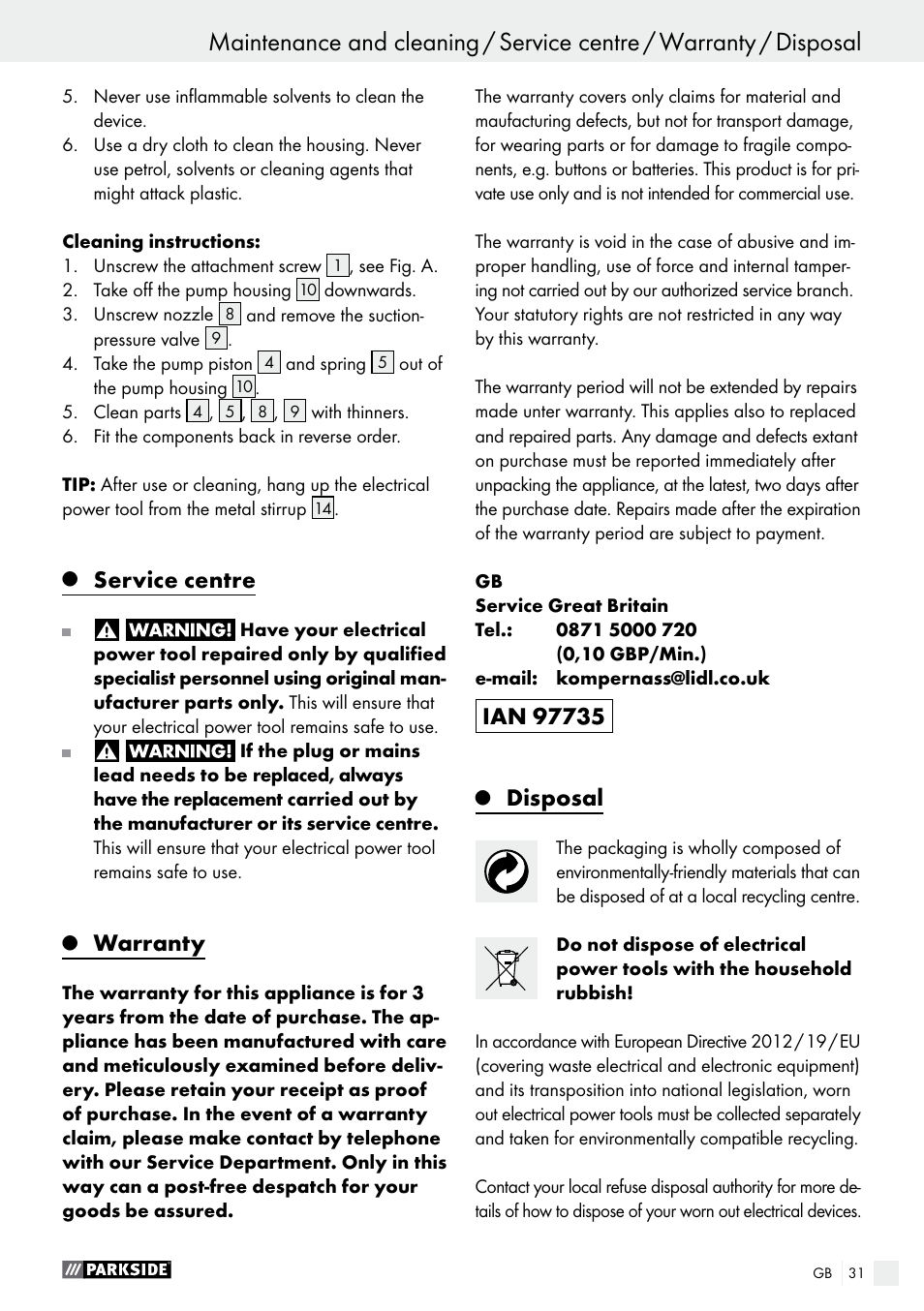 Service centre, Warranty, Disposal | Parkside PFS 100 C3 User Manual | Page 31 / 33