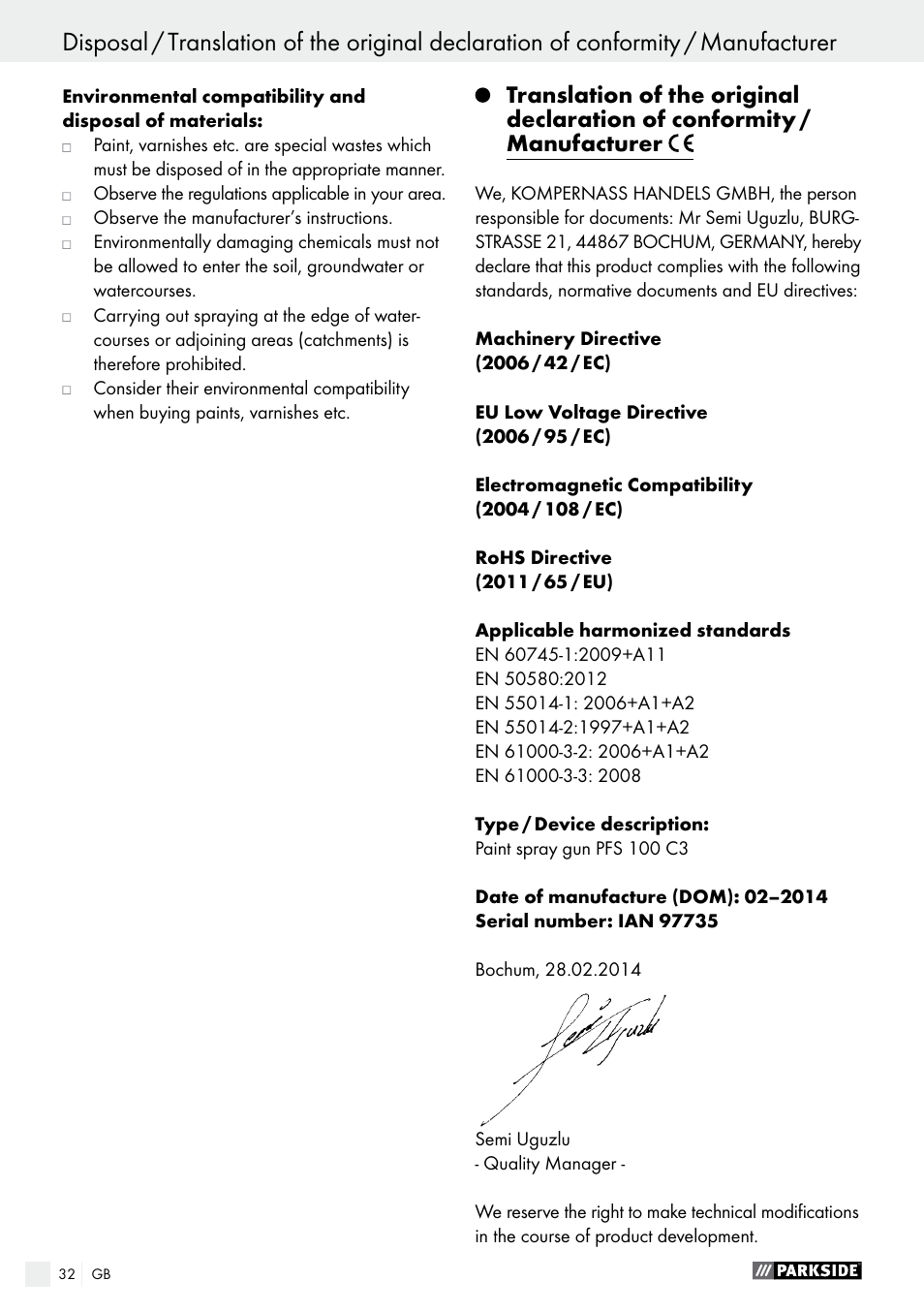 Parkside PFS 100 C3 User Manual | Page 32 / 33