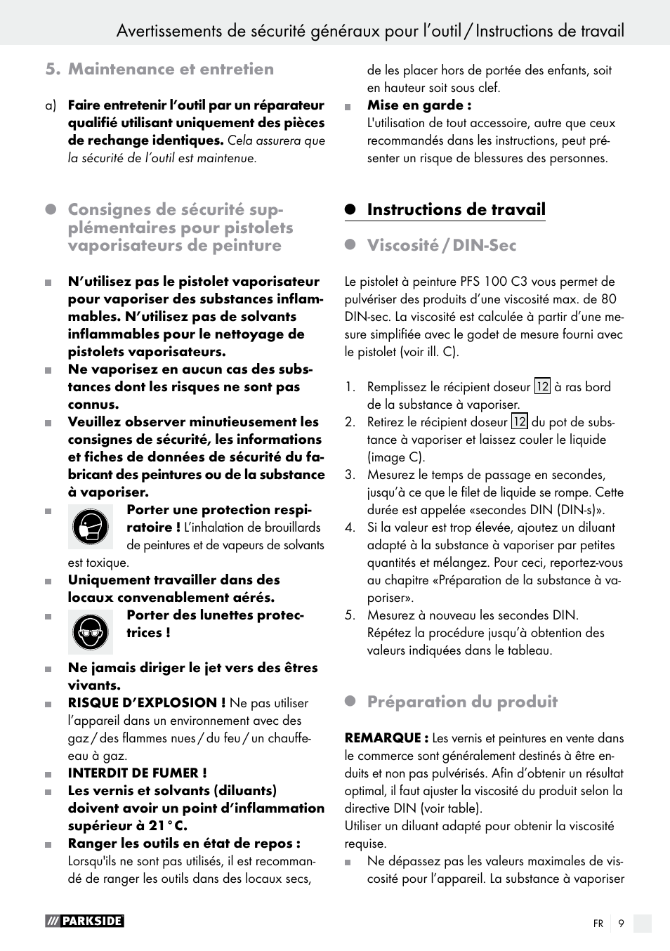 Maintenance et entretien, Instructions de travail, Viscosité / din-sec | Préparation du produit | Parkside PFS 100 C3 User Manual | Page 9 / 33
