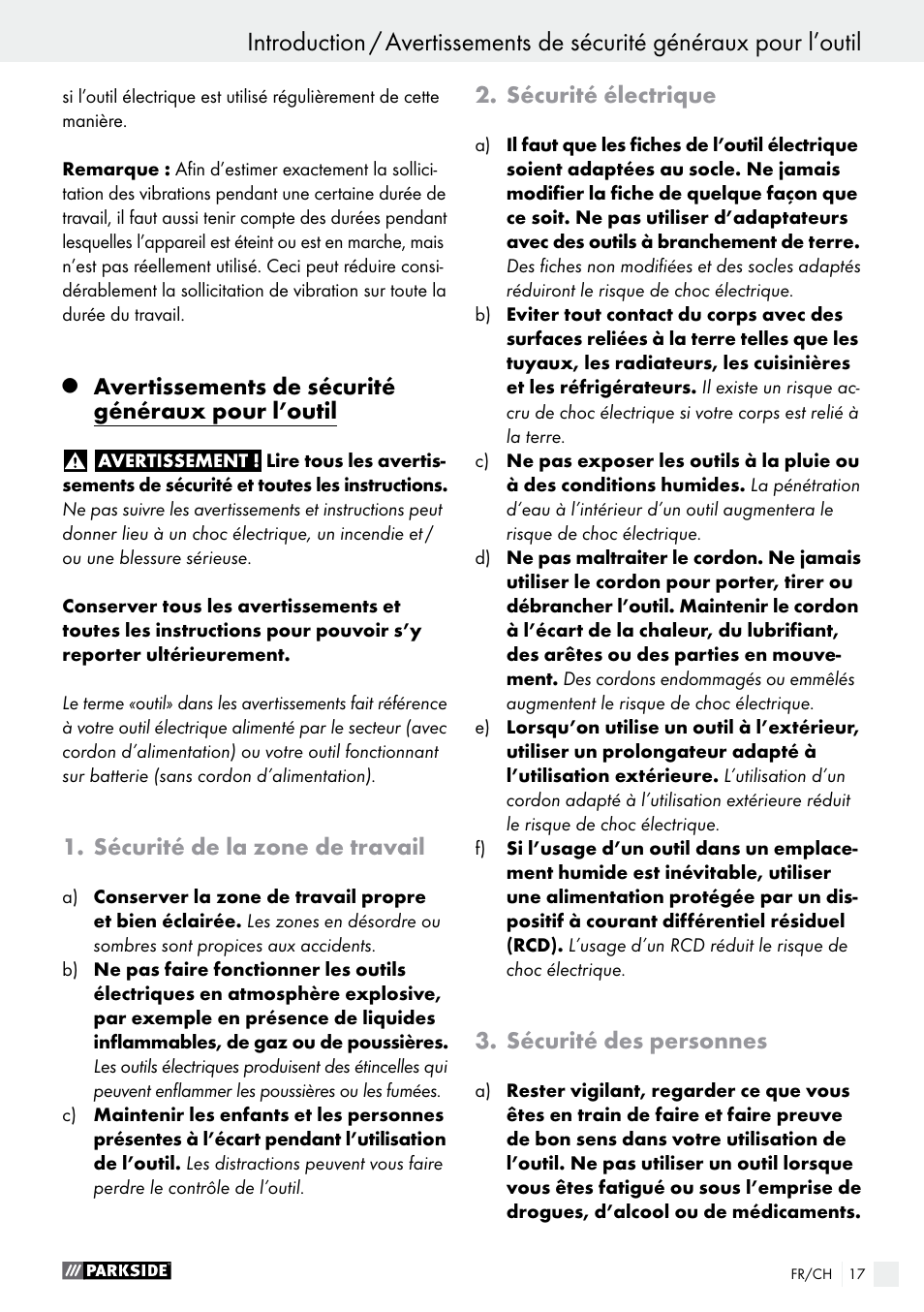 Avertissements de sécurité généraux pour l’outil, Sécurité de la zone de travail, Sécurité électrique | Sécurité des personnes | Parkside PFS 100 C3 User Manual | Page 17 / 43