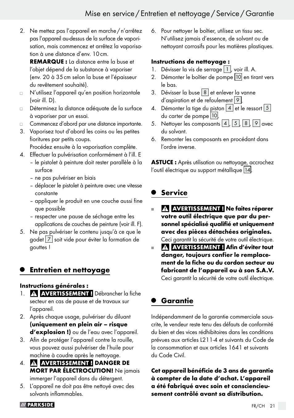 Entretien et nettoyage, Service, Garantie | Parkside PFS 100 C3 User Manual | Page 21 / 43