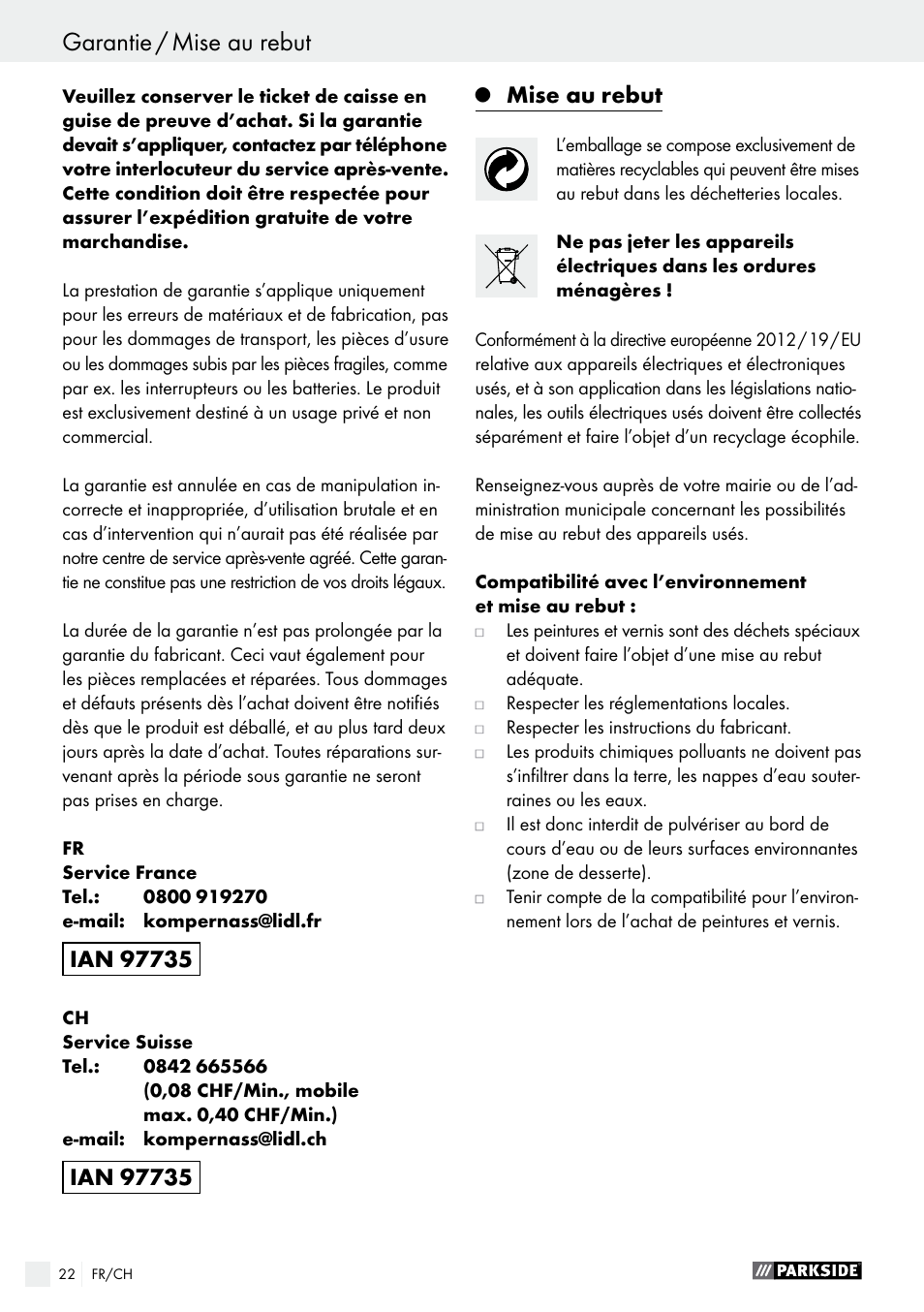 Mise au rebut | Parkside PFS 100 C3 User Manual | Page 22 / 43
